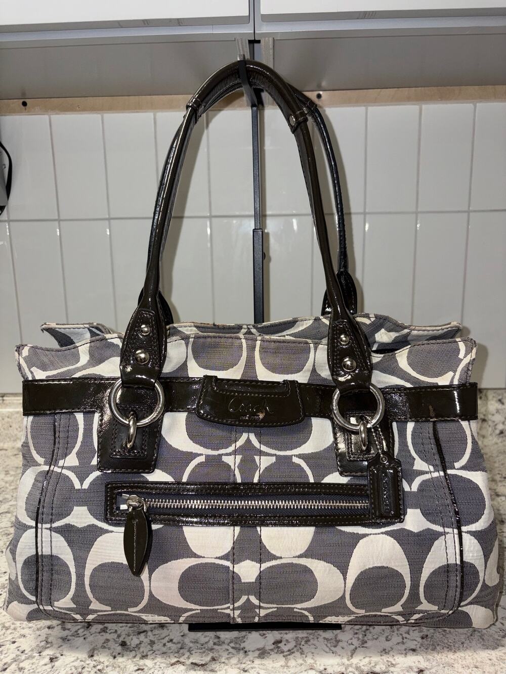 Y2K Coach Signature Gray Black Patent Tote Satchel 13289 Preowned
